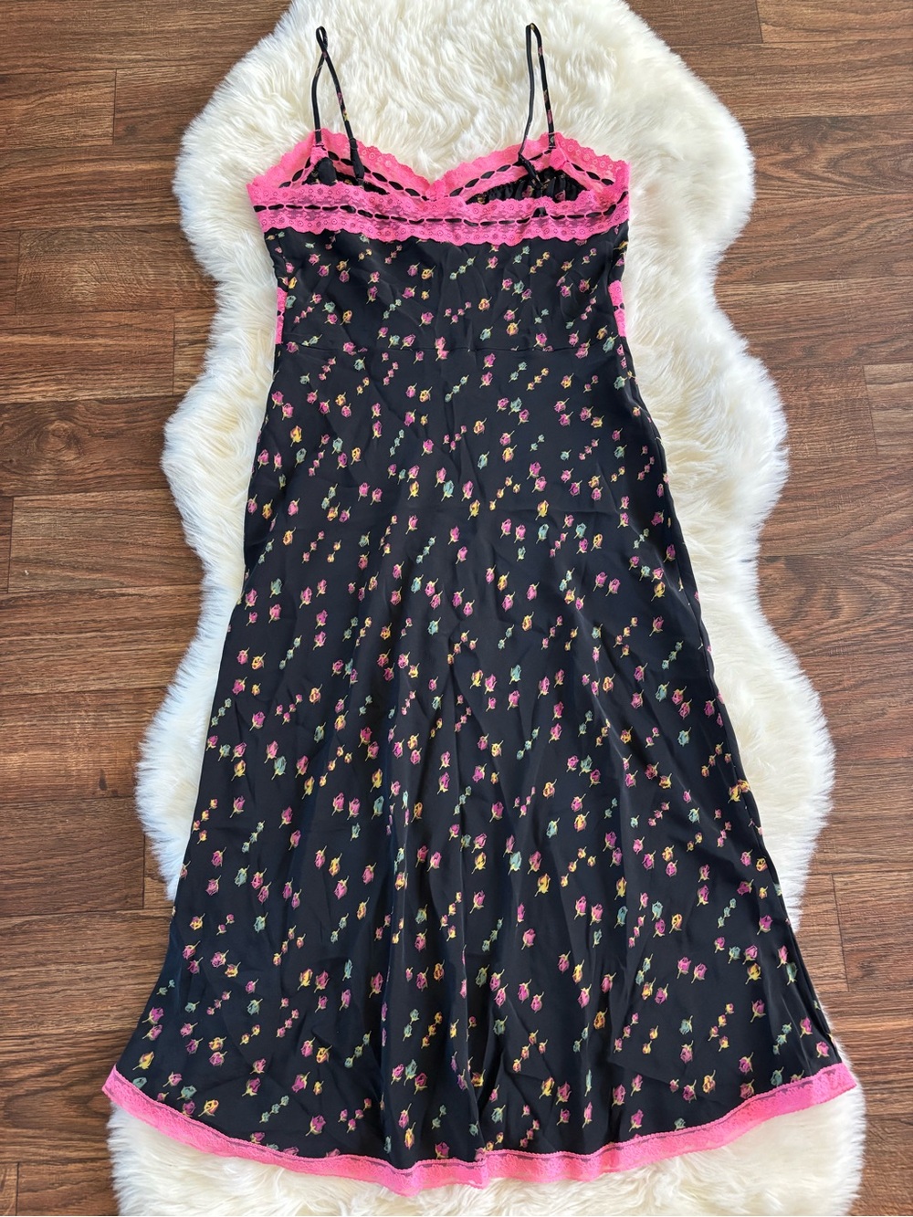 Vintage Betsey Johnson Y2K Silk Floral Maxi Gown Pink Lace Trim Size: 8 - Picture 14 of 15